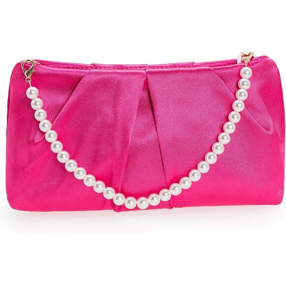⚡ Women\'s Pink Evening Formal Pleated Satin Fabric Zipper Closure Clutch Bag